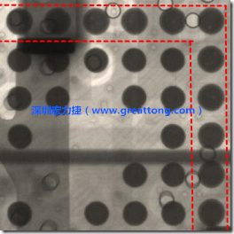 BGA錫球尺寸小于0.4mm，采用降低BGA內(nèi)圍襲球的錫膏量所得到X-Ray，稍微留意一下可以發(fā)現(xiàn)最外圈的錫量(圓的直徑)比其他內(nèi)圍的錫球上的錫量來(lái)得多一點(diǎn)點(diǎn)。也就是外圈的黑色圓形直徑比內(nèi)圈的圓形來(lái)得大一點(diǎn)點(diǎn)。