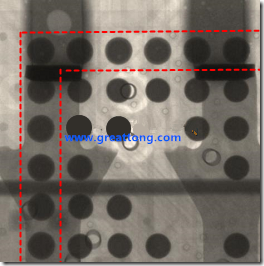 BGA錫球尺寸小于0.4mm，采用降低BGA內(nèi)圍襲球的錫膏量所得到X-Ray，稍微留意一下可以發(fā)現(xiàn)最外圈的錫量(圓的直徑)比其他內(nèi)圍的錫球上的錫量來(lái)得多一點(diǎn)點(diǎn)。也就是外圈的黑色圓形直徑比內(nèi)圈的圓形來(lái)得大一點(diǎn)點(diǎn)。
