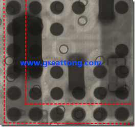 BGA錫球尺寸小于0.4mm，采用降低BGA內(nèi)圍襲球的錫膏量所得到X-Ray，稍微留意一下可以發(fā)現(xiàn)最外圈的錫量(圓的直徑)比其他內(nèi)圍的錫球上的錫量來(lái)得多一點(diǎn)點(diǎn)。也就是外圈的黑色圓形直徑比內(nèi)圈的圓形來(lái)得大一點(diǎn)點(diǎn)。