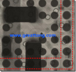 BGA錫球尺寸小于0.4mm，采用降低BGA內(nèi)圍襲球的錫膏量所得到X-Ray，稍微留意一下可以發(fā)現(xiàn)最外圈的錫量(圓的直徑)比其他內(nèi)圍的錫球上的錫量來(lái)得多一點(diǎn)點(diǎn)。也就是外圈的黑色圓形直徑比內(nèi)圈的圓形來(lái)得大一點(diǎn)點(diǎn)。