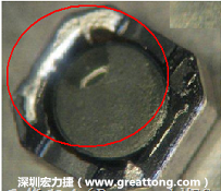 使用錫(Sn)鍍層的電源電感器(Power Inductors)，經(jīng)過(guò)推力測(cè)試后，其焊點(diǎn)還保留在零件的端點(diǎn)上，所以推力比較高。
