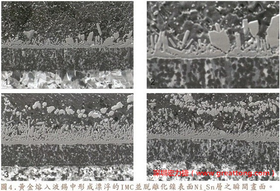 下面四張圖片為放大4500倍的SEM圖像，說(shuō)明在回流焊爐熱量不足的情況下，黃金成份正要從鎳層分離融入焊錫之中的瞬間，當(dāng)零件遭受外力沖擊的時(shí)候就極有可能從這一整排AuSn、、AuSn2或AuSn4的IMC處裂開(kāi)。