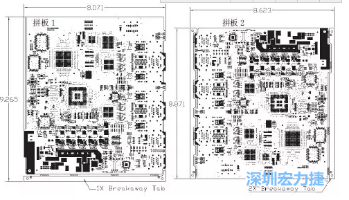 如圖7所示是使用不同數(shù)量邊條的拼板，拼板1僅使用了一個邊條，直接利用PCB另一邊作為SMT工藝傳送邊，并且PCB圖形中有合適的安裝孔；而拼板2則是按常規(guī)設計了兩個邊條。拼板方式為連接筋。圖中“Breakaway Tab”指邊條-深圳宏力捷