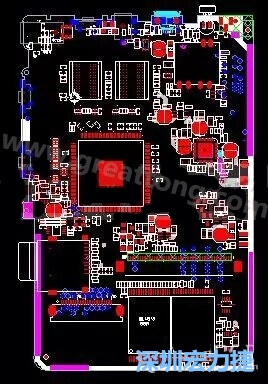 上圖是一個(gè)開(kāi)發(fā)板的PCB，從布局中可以看出各個(gè)接口電路分離很明確，SDRAM和DDR以及SD卡接口電路等走線不會(huì)造成相互的干擾。-深圳宏力捷