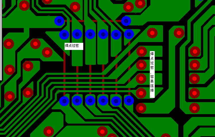 PCB設(shè)計(jì)焊點(diǎn)過密，易造成波峰連焊，焊點(diǎn)間漏電