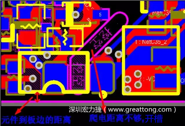 如果碰到模塊PCB空間有限，爬電距離不夠，可以采用開槽的方式