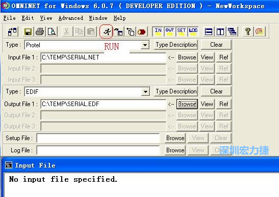 輸出文件類型(Type)選 EDIF。Output File 1 指定輸出文件的文件名和路徑。然后點擊 Run(跑動的小人)。