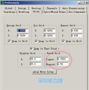  改銅皮的填充網(wǎng)格Global→Design Units，填充方向Drafting→Direction；Hatch Grid中Copper此數(shù)值為大銅箔中所填充的線條中心到中心的距離。