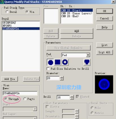 分析文件完成后，點擊菜單Setup→Pad Stacks調(diào)出焊盤堆設(shè)置窗口，將Pad Stack Type改為Via