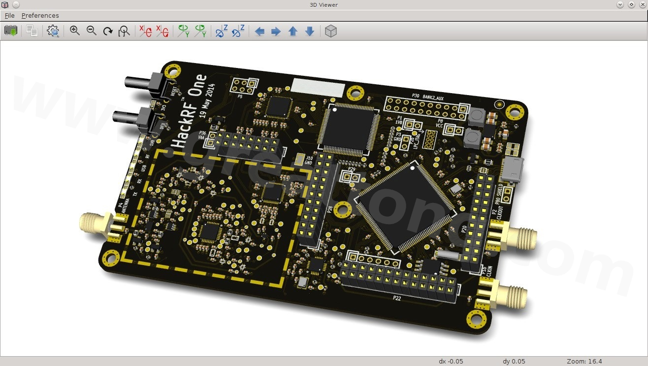 經(jīng)KiCad軟體3D功能渲染過(guò)的HackRF One電路板。