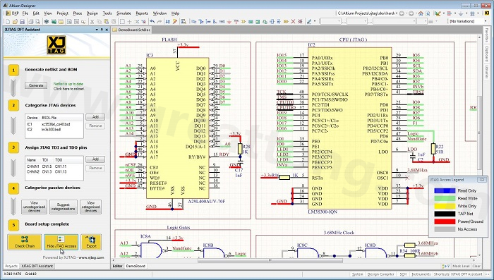 XJTAG DFT Assistant的Access Viewer模式可以清楚地顯示可用的測(cè)試存取層級(jí)，讓電路板設(shè)計(jì)人員在展開(kāi)PCB布局以前的原理圖擷取階段盡可能地提高測(cè)試存取能力