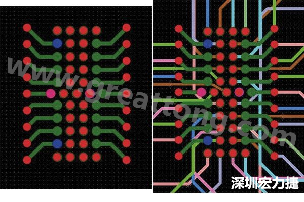 圖7：焊盤內(nèi)過(guò)孔用于內(nèi)部，而外部接腳在0.5mm閘格上扇出。圖7a顯示的是頂層(左)；圖7b顯示頂層和內(nèi)部布線層(右)。