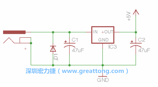 新增RBBB→Power_Jack，將它放在電壓調(diào)整器的輸入端旁邊。