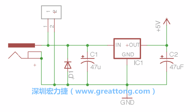 2.5.    新增一個二極體，它會以水平的狀態(tài)出現(xiàn)在屏幕上，請使用「旋轉(zhuǎn)（Rotate）」工具把它負(fù)極那一面朝上，并且用「網(wǎng)絡(luò)連接」工具將它連接在電壓調(diào)整器的輸入端和接地端之間。
