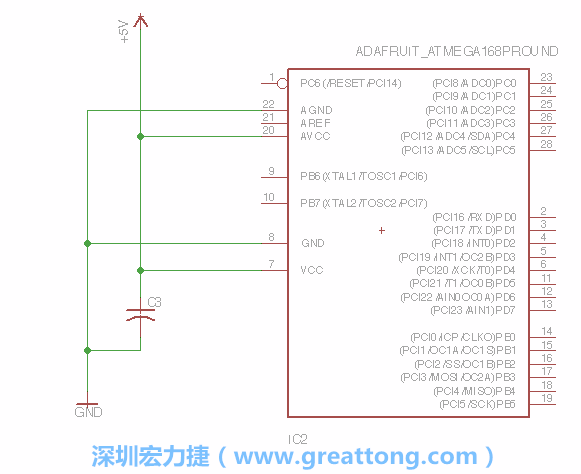 3.1.    新增微控制器晶片（RBBB → ATmega），把它放在電路原理圖的中央附近，把它的兩個(gè)接地接頭連接到接地訊號(hào)端。