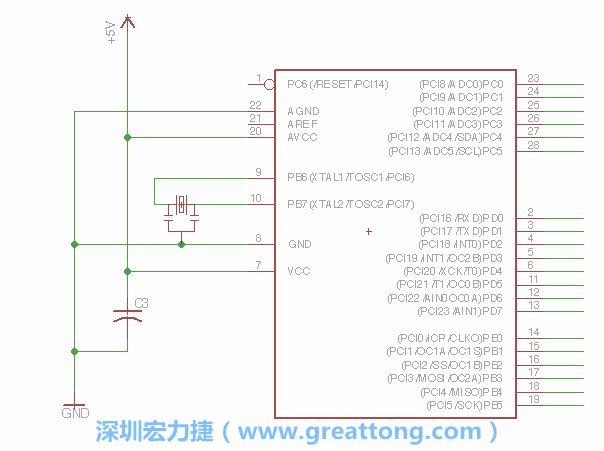 3.2.    在靠近ATmega的電源供應(yīng)針腳7的位置放置一個(gè)0.1μF的電容，將它分別連接電源、接地端和針腳7。