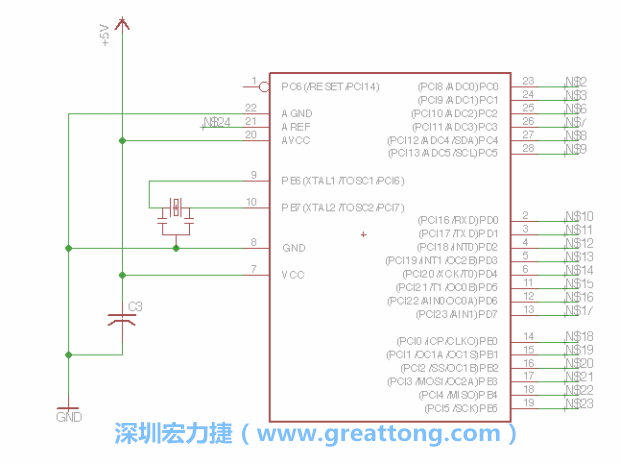 3.3.    將共鳴器（resonator）放置在針腳9和針腳10附近，將它的三個(gè)針腳連接如圖所示，并確認(rèn)最中間的針腳有連到接地端。