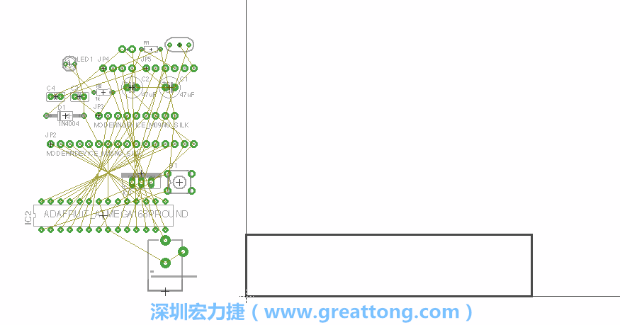 第一次執(zhí)行布線編輯器時(shí)，你會(huì)發(fā)現(xiàn)有兩個(gè)區(qū)塊，左邊的區(qū)塊非常混亂，而右邊的區(qū)塊則是一個(gè)長(zhǎng)方形的工作區(qū)域，EAGLE免費(fèi)版會(huì)限制你的工作區(qū)域在4” x 3.2”的范圍內(nèi)，如果你試圖將元件擺放在工作區(qū)外的話，就會(huì)跳出警示訊息。