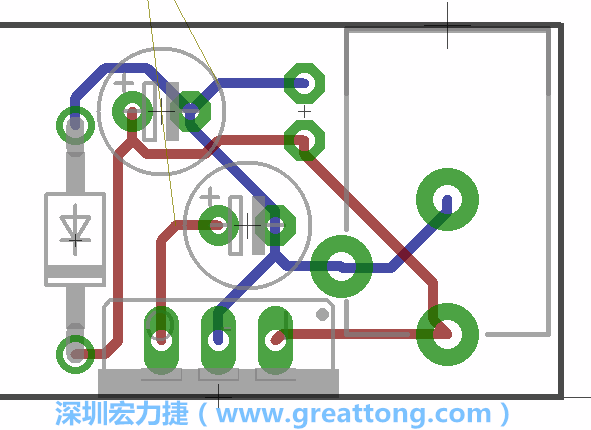 接地連結(jié)點(diǎn)的布線情形如下圖所示，利用這個(gè)練習(xí)來(lái)避免電路連線銳角化的產(chǎn)生是一個(gè)不錯(cuò)的選擇，你可以在工具列中的彎曲線路（Wire Bend）選項(xiàng)里改變各種布線的變化。