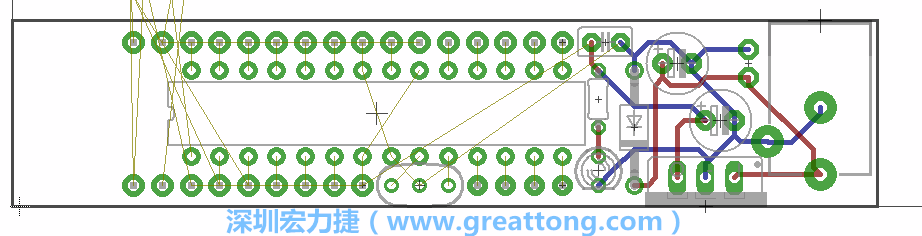 將ATmega微控制器、三個(gè)GPIO排針（JP2, JP3, JP4）和諧振器（resonator）排置如上圖所示。