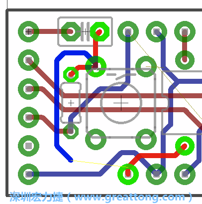 要在電路板正面進(jìn)行+5V信號(hào)線連結(jié)和其他連結(jié)點(diǎn)的布線工作是非常容易的，而重置信號(hào)線（信號(hào)線用來(lái)連結(jié)電路板正面左邊的重置開(kāi)關(guān)）需要經(jīng)過(guò)一個(gè)可以通過(guò)電路板正反兩面的電路通道，這個(gè)通道是一個(gè)可以讓電路板正反兩面線路連接的一個(gè)小孔。