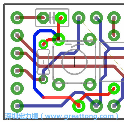 為了要?jiǎng)?chuàng)造一個(gè)電路通道，首先要先點(diǎn)擊重置開(kāi)關(guān)的連結(jié)點(diǎn)進(jìn)行布線，在電路板的背面繪制線路直到其它線路前的乾淨(jìng)區(qū)域。