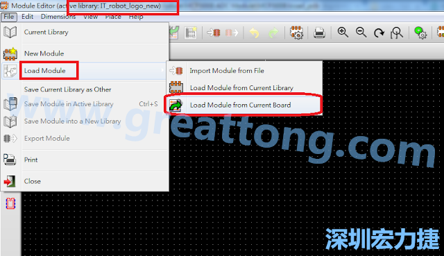 進入Module Editor去載入其他Footprint(Module)進來， 從目前的Active library (不過要先選取一個Current library ) 載入Module 或從目前正在編輯的PCB載入Module。