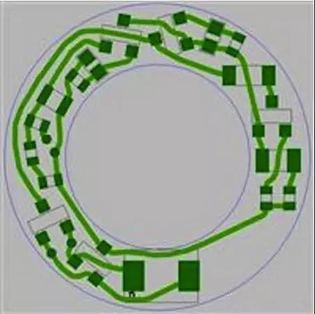 圖6：PCB布線例子：(a)拓撲式自動布線器(完成了100%導線的布線)；